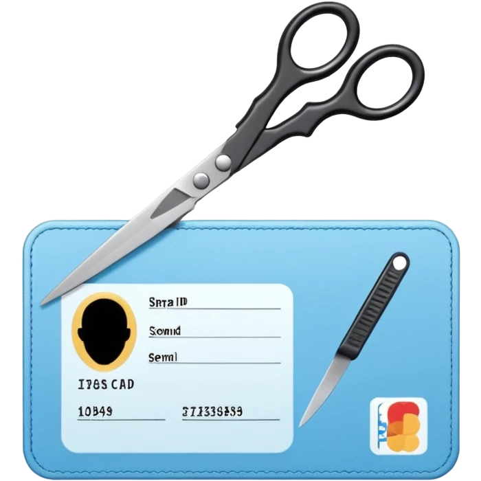 Floating black Scissors cutting a light blue idf ID card in 2 parts .hyper realistic emoji