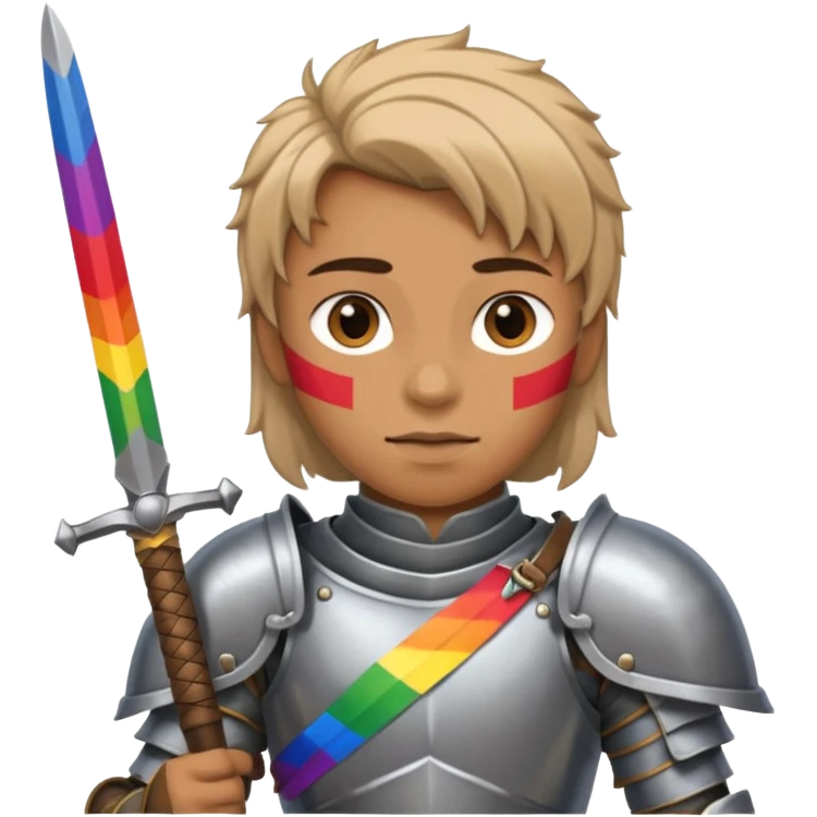 In armor and sword with dumb look on face Slack social justice warrior with pride flag emoji
