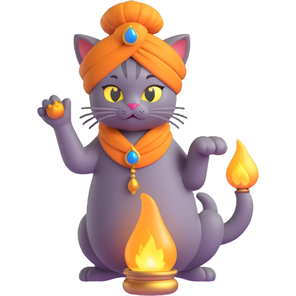 genie cat wearing a turban, smoky tail, floating out of an oil lamp, 3D emoji style emoji
