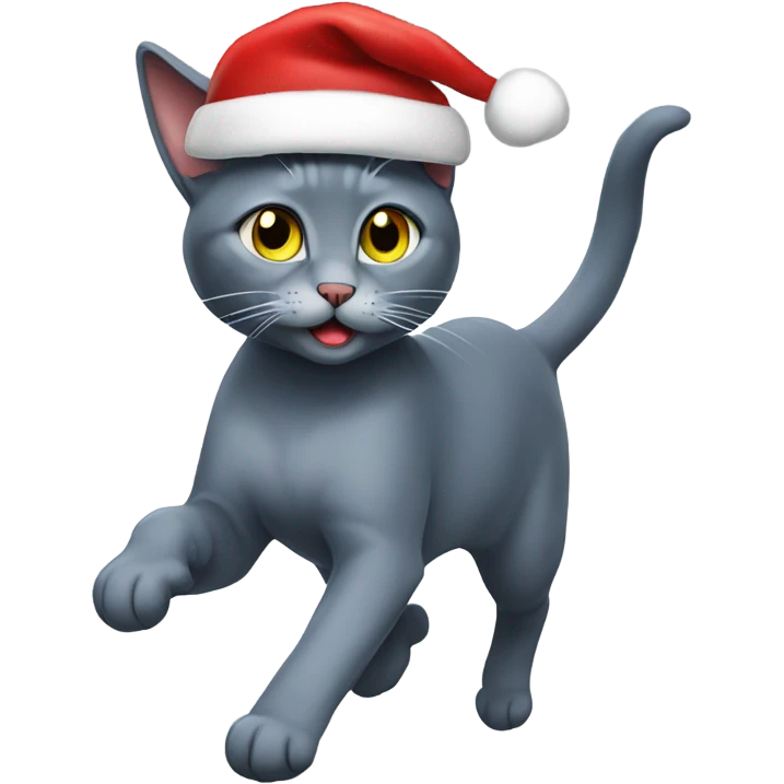 Running Russian blue cat wearing a Santa hat  emoji