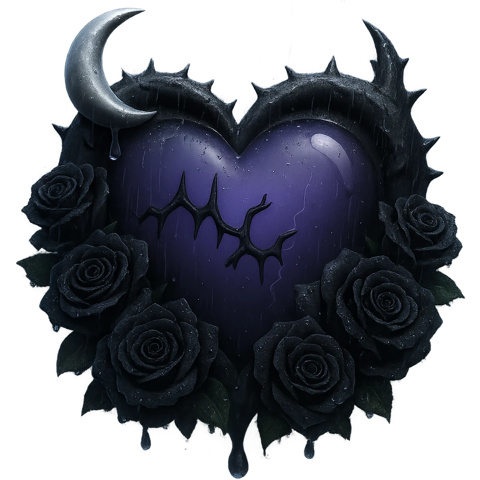 Add much more rain and thick mist to the scene, keeping the prominent black roses, gothic heart, deep purple glass, crescent moon dripping silver, subtle lightning, cracked glass glowing softly. The style should resemble 3D emoji style. Remove the background. emoji