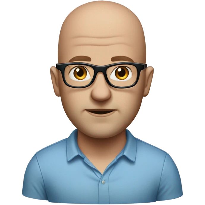 realistic portrait of a Marty with glasses, blue eyes and white bald emoji