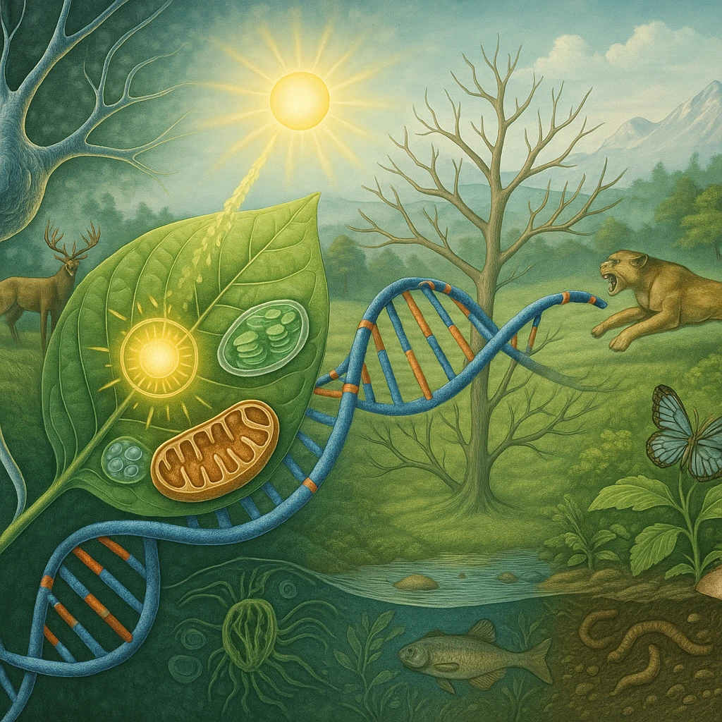 A panoramic scientific illustration merging all key biology topics for grades 11-12 into one continuous ecosystem scene, ultra-realistic style: In the foreground, a neuron (neurobiology) synapses with a leaf's vascular system (applied biology). The leaf undergoes photosynthesis (energy conversion) while revealing microscopic views of chloroplasts and mitochondria. Its DNA strands (molecular genetics) morph into a phylogenetic tree (evolution) that forms the landscape. In the background, a balanced ecosystem (ecology) shows predator-prey dynamics and nutrient cycling. All elements flow together organically through biological connections - no artificial borders, labels, or sections. Color palette: natural greens/blues with molecular structures in accurate scientific colors (red ATP, blue DNA). Style: National Geographic scientific realism with macro-to-micro transitions. emoji