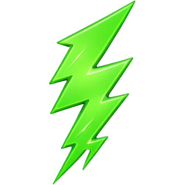 A single neon green lightning bolt emoji, glossy and smooth, cartoonish, vibrant neon green color, high detail, simple and cute design, isolated on white background, centered composition

 emoji