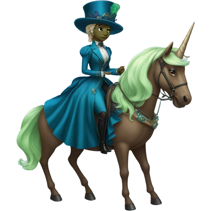 "galora green blonde alien woman" in blue Victorian dress elegant, full body, on brown and white unicorn emoji