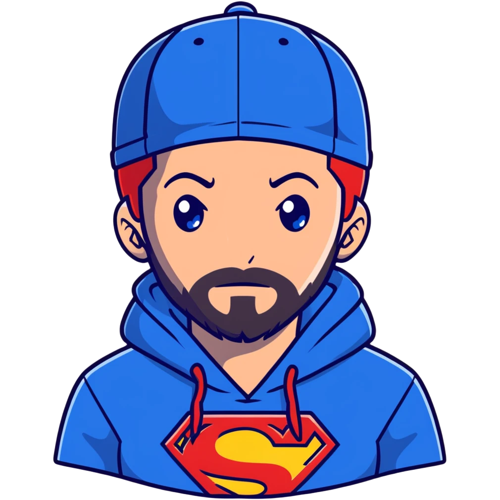 Full body human Adult male with blue eyes and redish messy hair and trimmed facial hair wearing a blue superman hoodie and a black backwards baseball hat emoji