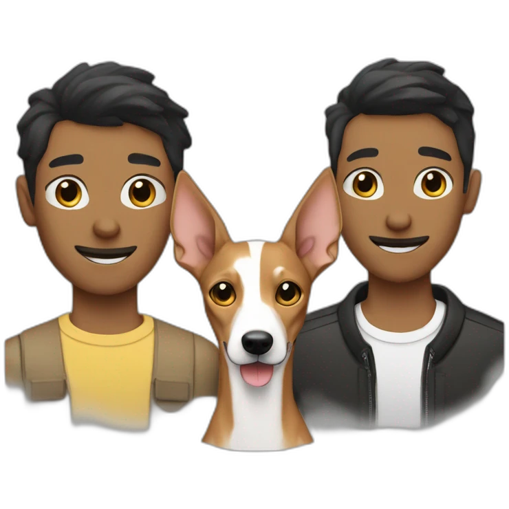 Podenco with two gay owners one white with black hair and one tanned with black hair emoji