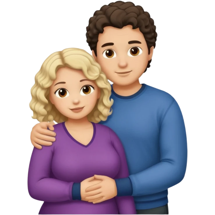 flirty couple hugging. The man dark brown brushed hair. The woman is chubby and has shoulder-length blond curls emoji