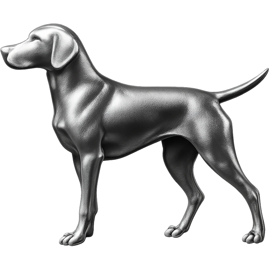               Apply a high-end, photorealistic metallic chrome material to the provided {subject}. The material should have a smooth, slightly curved surface with subtle reflections and soft shadows, resembling brushed or polished silver metal. Preserve the exact shape, proportions, and design of the original object. Set it against a solid black background (#000000) in 8K resolution. The lighting should enhance the beveled edges and reflective highlights, creating a sleek, premium finish. {subject} = dog pointing left emoji