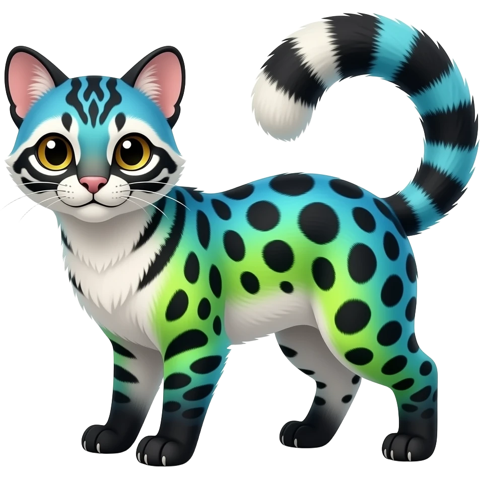 Colorful realistic tropical gradient-colored cobalt-blue-obsidian-black-neon-green-gradients, with white underside, iridescent glorious divine exotic cute cool beautiful shiny fantasy-civet-genet-Fionbri-Cacomistle-Furret-civet-oncilla-animal-hybrid-fursona with pattern markings (full body) emoji