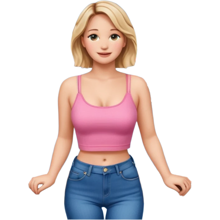 jennifer lawrence, pink crop top, and blue jeans, leaning on a balcony with a harbor and cityscape in the background, smiling emoji