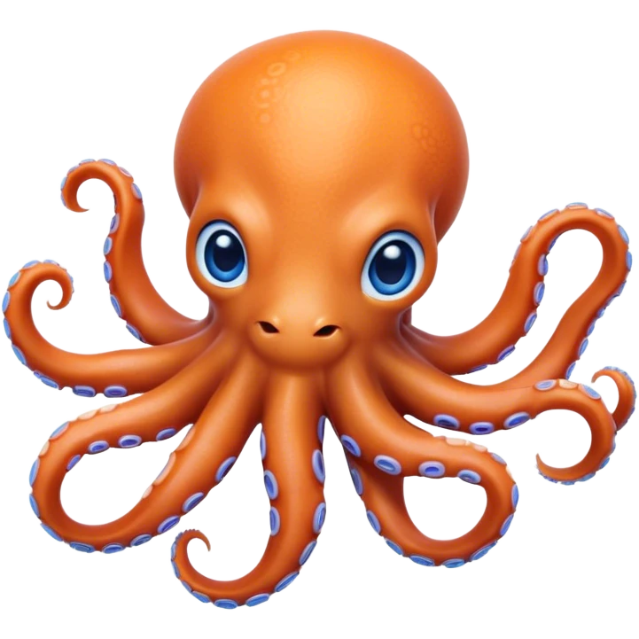 Cinematic Realistic Cute Octopus Portrait Emoji, Head tilted playfully and inquisitively, featuring a gracefully curving, compact body in vibrant orange adorned with delicate blue rings, and a charming, expressive face with round, sparkling eyes full of curious wonder; rendered with lifelike detail and soft natural highlights, high shine, affectionate and enchanting, styled with a touch of whimsical ocean magic, soft glowing outline, capturing the essence of a mischievous yet lovable octopus that seems poised to slither playfully into your arms! emoji