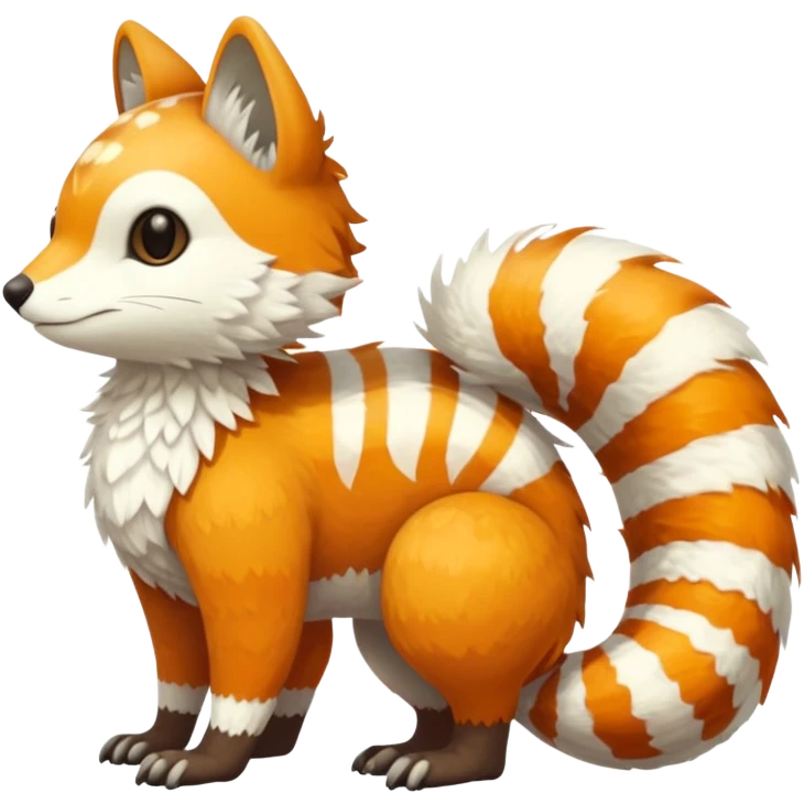 lush warm-colored Fakémon-Trico-creature (full body) with white cheek markings, white-striped tail emoji