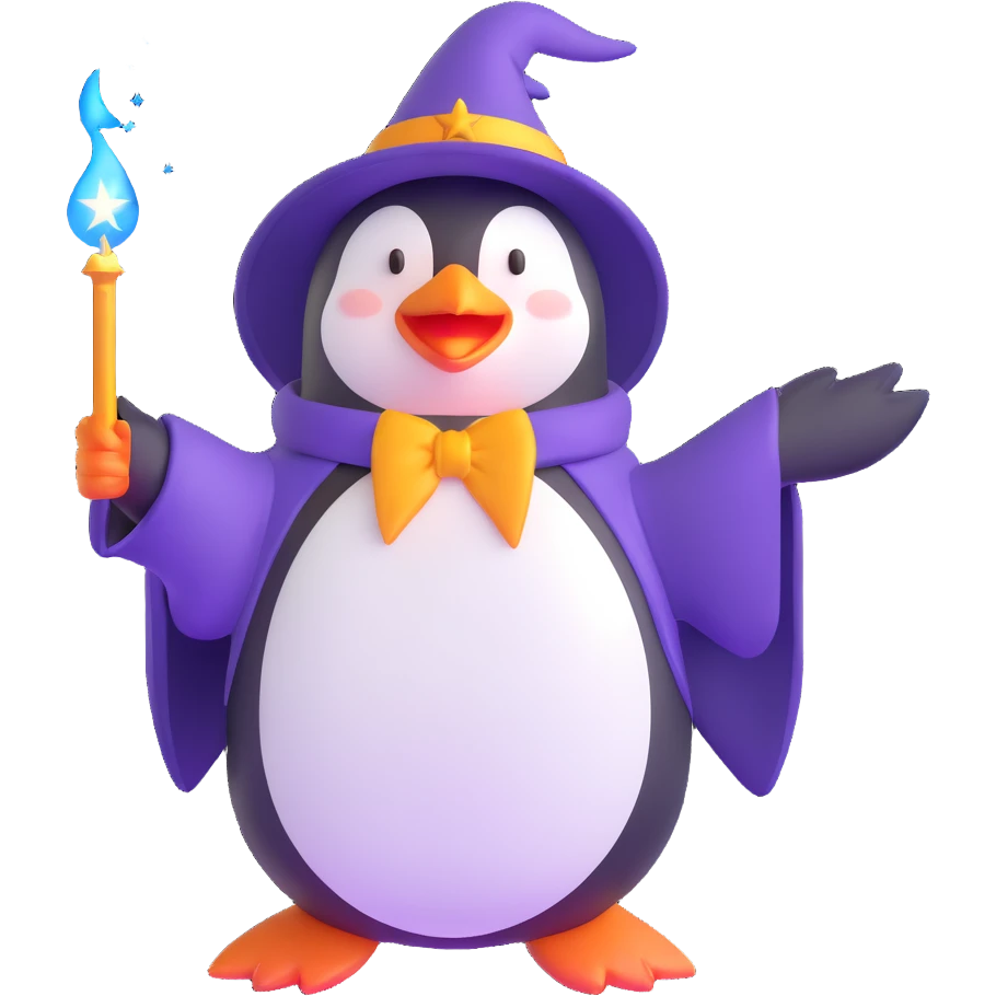 penguin wizard casting a magical spell with sparkles around emoji