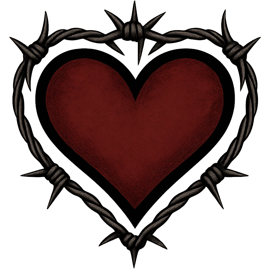 gothic style heart with a barbed wire border, black and deep red colors, transparent background emoji