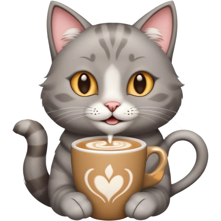Happy gray Cat holding in its front two paws an hot latte emoji