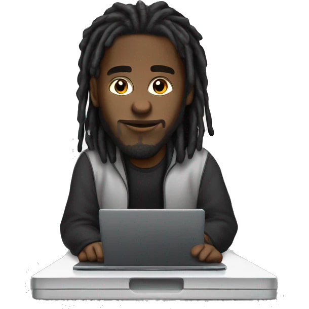 Black-guy-with-dreads-wearing-black-trackstuit-sitting-down-on-chair facing-foward-focused-on-laptop-computer- emoji