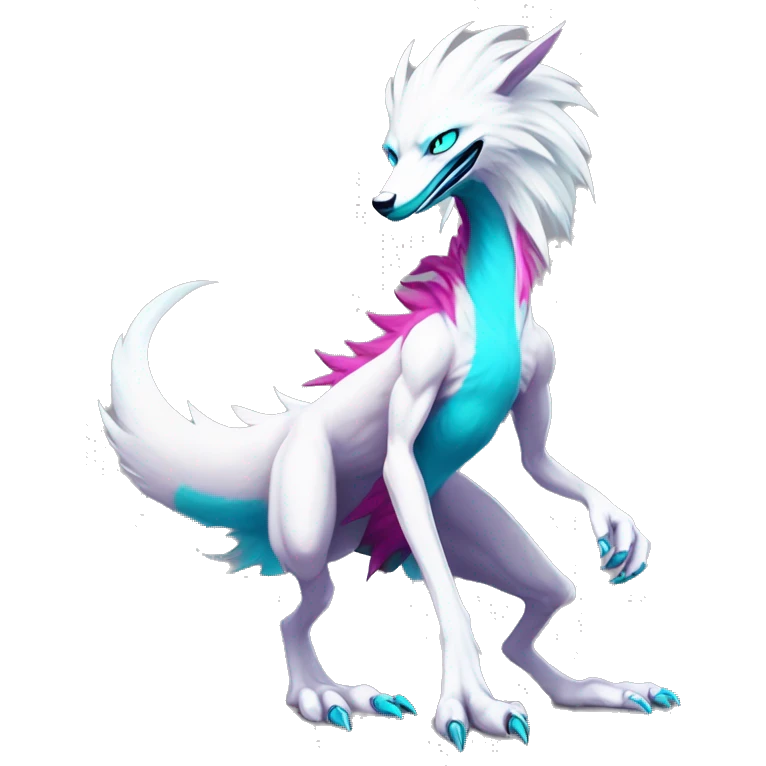 White elegant beautiful natural cute badass epic anthro modern albino sergal-vernid-Fakémon with cyan mane and magenta eyes with cyan edgy stripes, anthropomorphic, two-legged, digitigrade, full body emoji