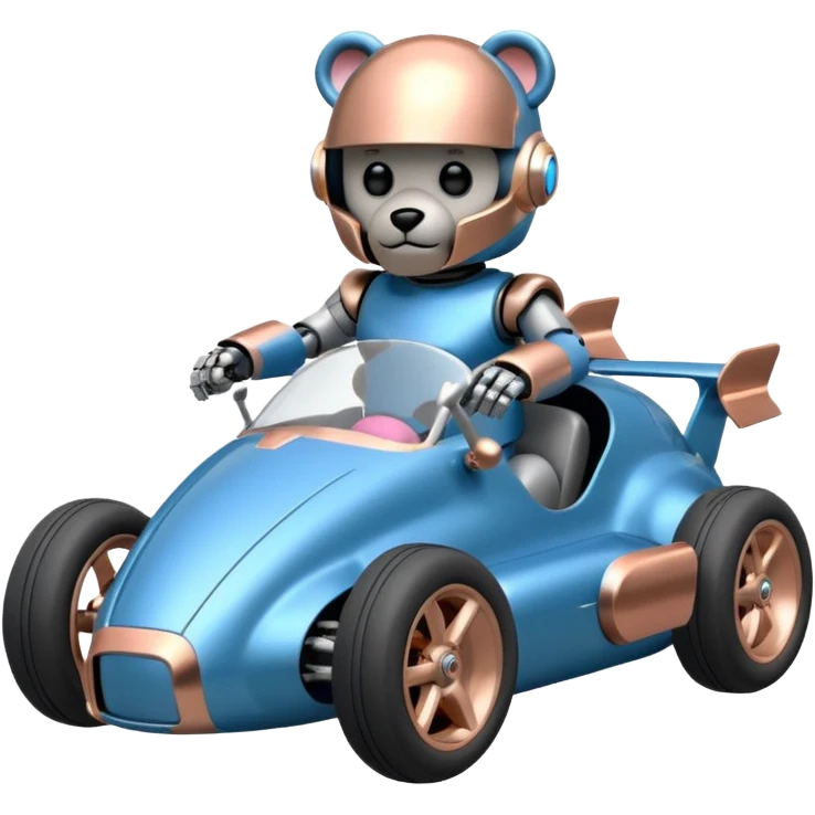  Metallic blue and rosegold-accented  racing car for furry-faced grey bearded evil scary robot teddy bear and passenger with custom aero body and rear spoiler  emoji
