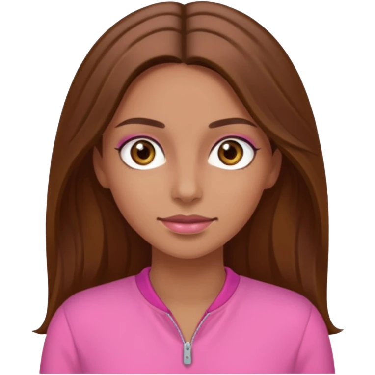 Tan skinned woman with long brown hair, hazel colored eyes, and wearing a pink outfit. emoji