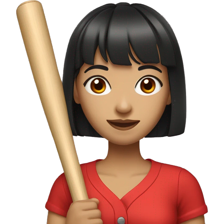 Asian Woman with full bangs, smiling, long black hair, hoop earrings, red dress, holding a baseball bat emoji