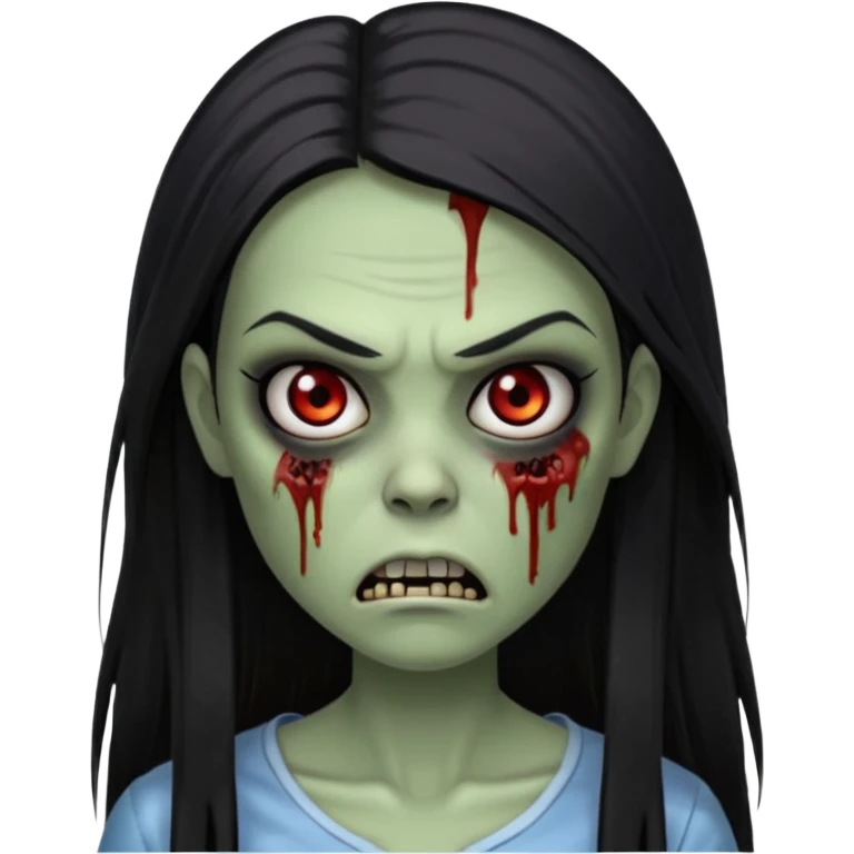 девушка зомби с темными длинными прямыми волосами, с черными макияжем глаз, тонкими бровями, со злым выражением лица в стиле Apple avatar emoji