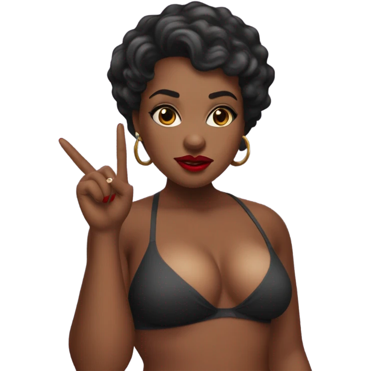Slim voluptuous Black woman with short hair and red lipstick in a bikini wagging her finger while saying no emoji