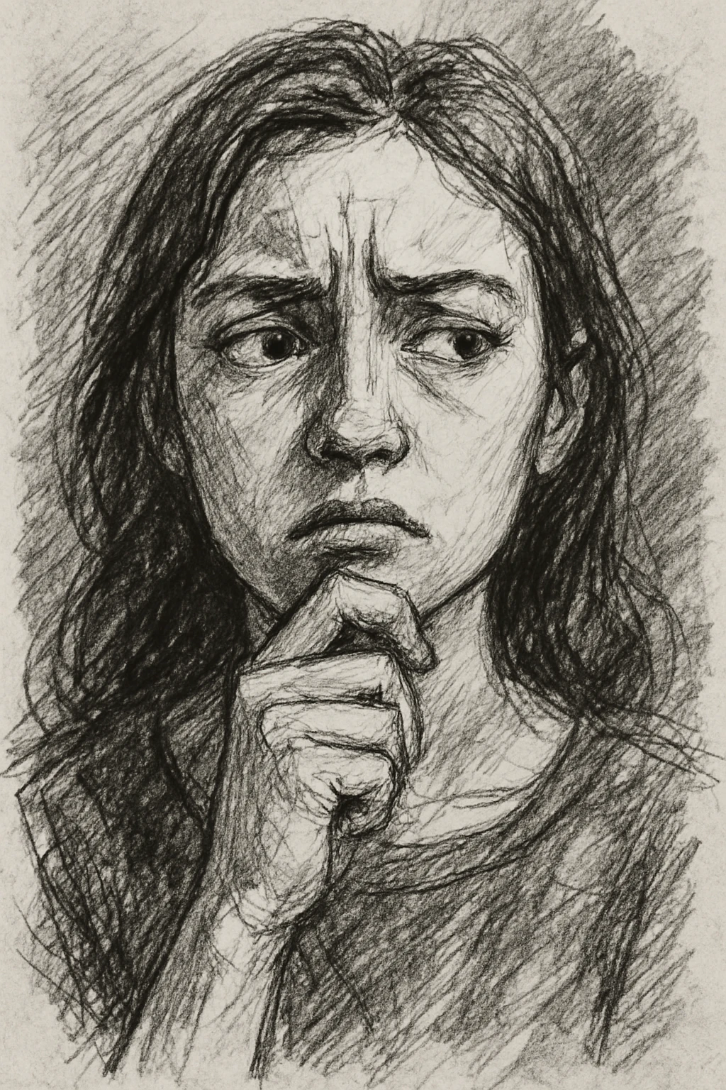 pencil sketch style young woman with a doubtful expression, hand on chin, white background emoji