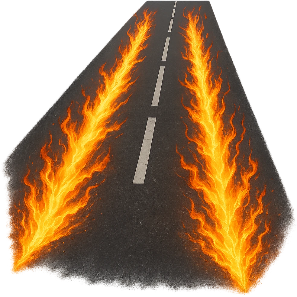 parallel flame trails on a road, vivid fire, Back to the Future reference, no car, just the tracks, energetic, no background emoji