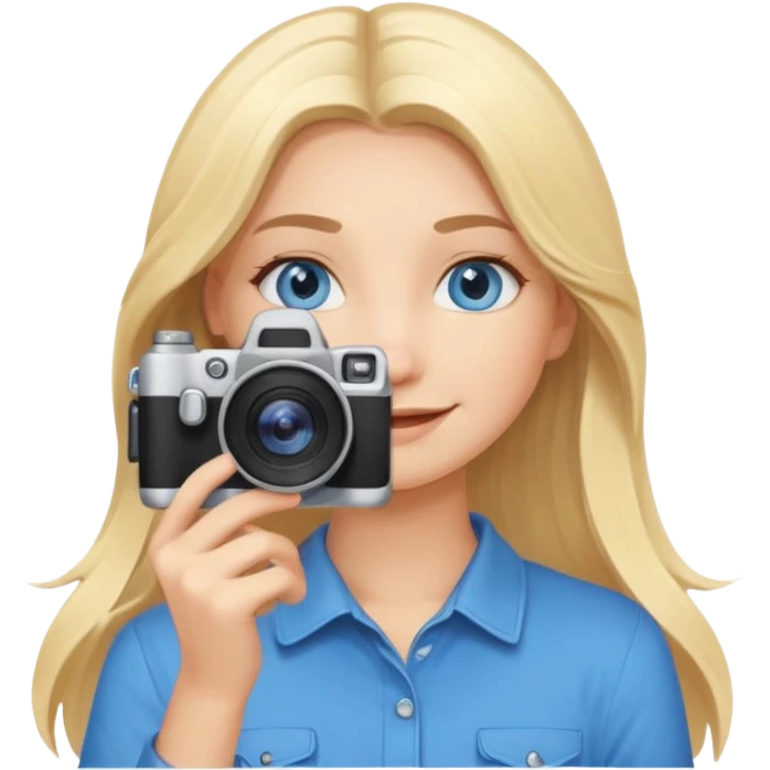  blue eyes blonde girl photographer cartoon taking picture in middle of taking picture camera in front of face long hair smiling funny flash professional, camera in front of face emoji