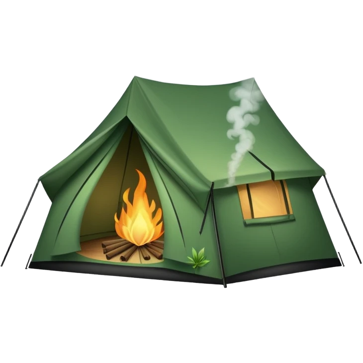a tent with halfaway opened doors. the tent is filled with clouds of smoke. in the middle of the tent is a weed leaf emoji