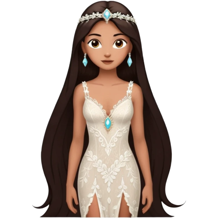 enchantress goddess wearing a embellished shimmering light powder white lace and yasmin stila marie hazel odette lilo chantecaille savannah maisie cacao champa flowers tiffany mocha lorelai beige gown with tanned skin and super long straight dark brown hair emoji