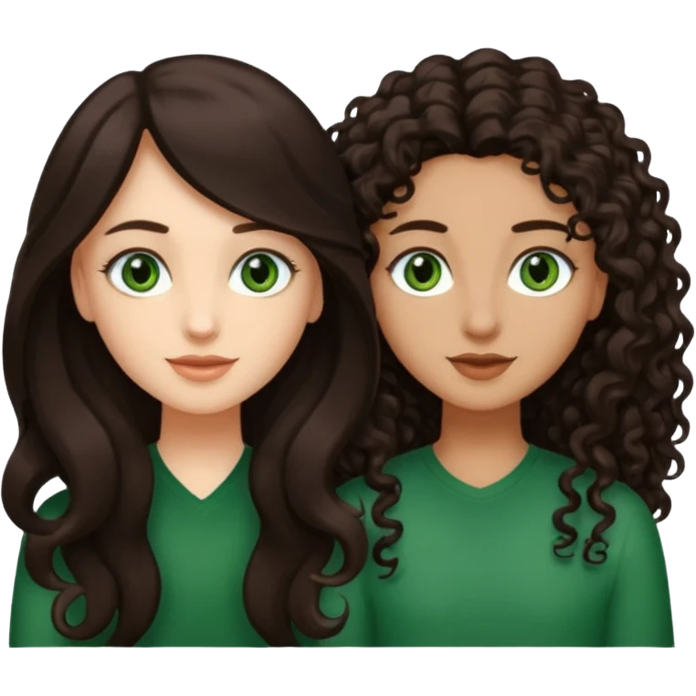 Two besties: 1: long fully straight darkbrown hair, green eyes 2: long curly darkbrown hair emoji