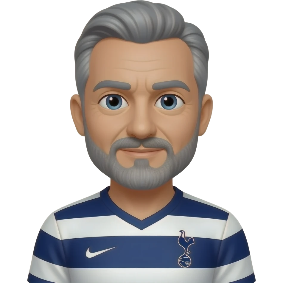 White man in his 50’s. Salt and pepper hair parted in the middle and feathered back. Salt and pepper short beard and mustache and wearing Tottenham jersey emoji