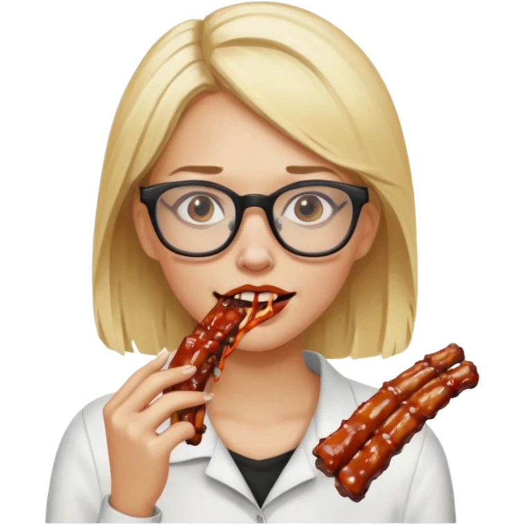 A women with hair blonde glasses eating a ribs emoji