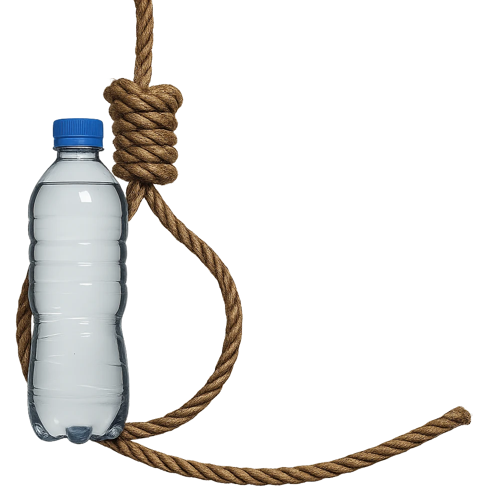 A long rope with a noose, inside the rope there is a visible water bottle, no background, realistic style, natural details, symbolic atmosphere, photorealistic and detailed water bottle inside the rope. emoji