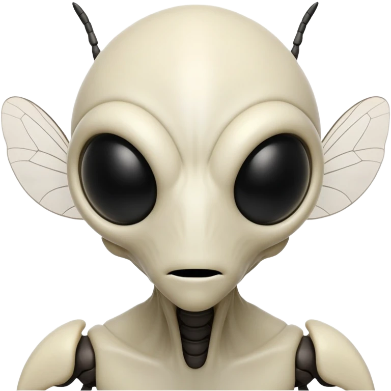 A front-facing alien with an insect-like head. Pale white exoskeleton. Black compound eyes like a fly. No human features. Has two thin black antennae and small mandibles. No limbs, legs, or arms. Face only. emoji
