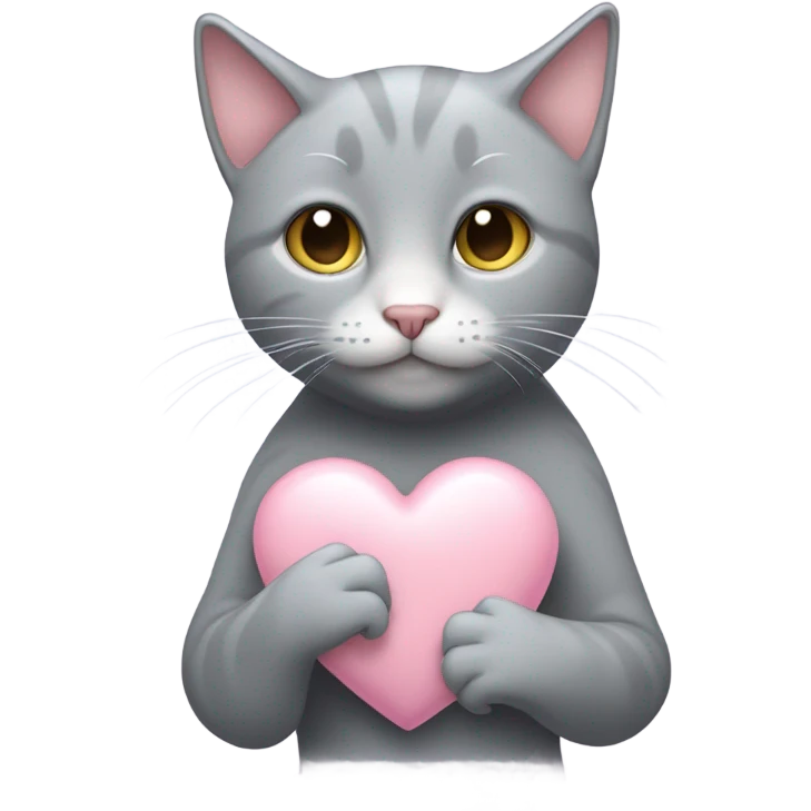 Grey cat holding a pale pink heart emoji