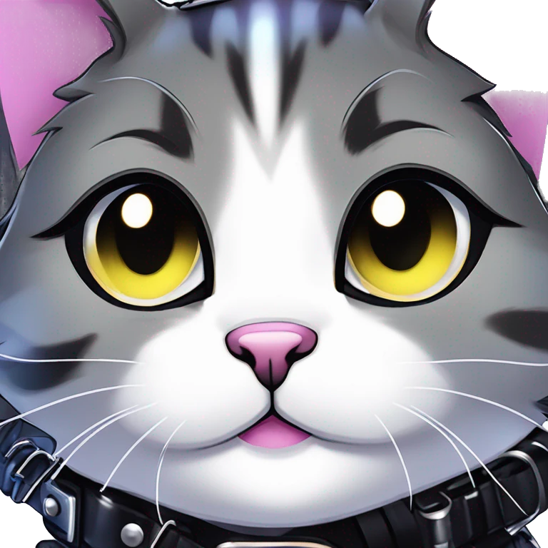 Gorgeous sparkly shiny colorful gradient dark techwear anime style anthro cat with blushing face aesthetic and pretty edgy black with collar and harness trending style emoji