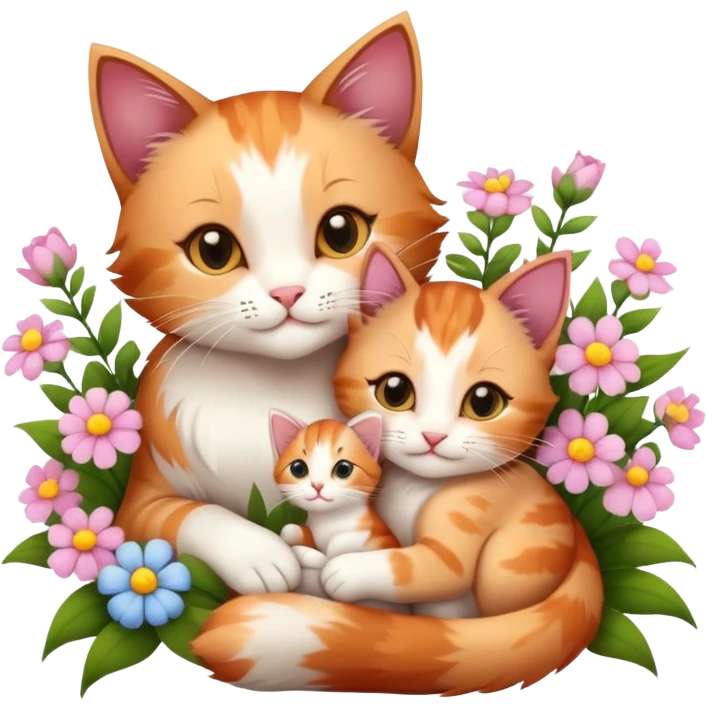 mother cat cuddling a kitten with flowers emoji