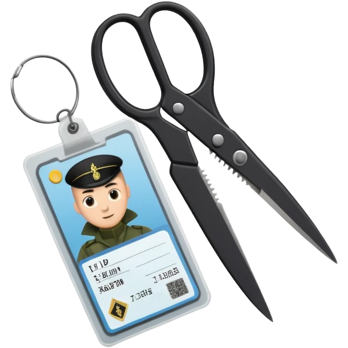 Floating black Scissors cutting in half an idf soldier ID card with a little chip in 2 parts .hyper realistic emoji