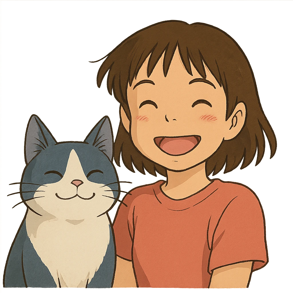 ghibli style illustration of a brown-haired Asian girl and her blue and white Manchikon cat, both smiling emoji