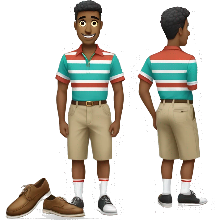 man wearing a retro bowling shirt with a teal base color with two white vertical stripes on the front, separated by thin black lines, Baggy khaki cargo shorts that go over the knees, Expensive gold watch, Italian brown loafers with pale white high socks emoji