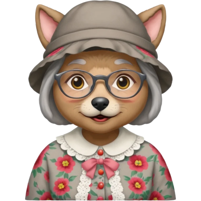 The big bad wolf is wearing Grandma's clothes and a hat, yet its face still looks like a wolf's. emoji