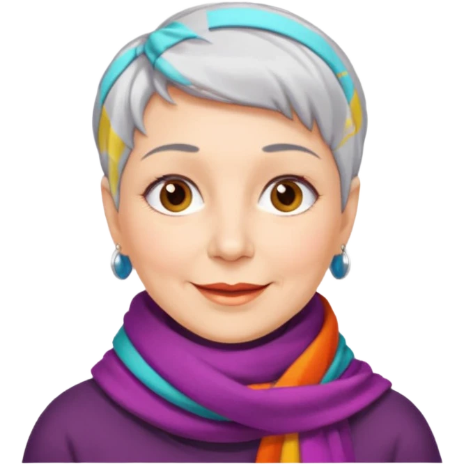 emoji of a woman in her 50s, short silver hair, wearing a scarf, cheerful look emoji