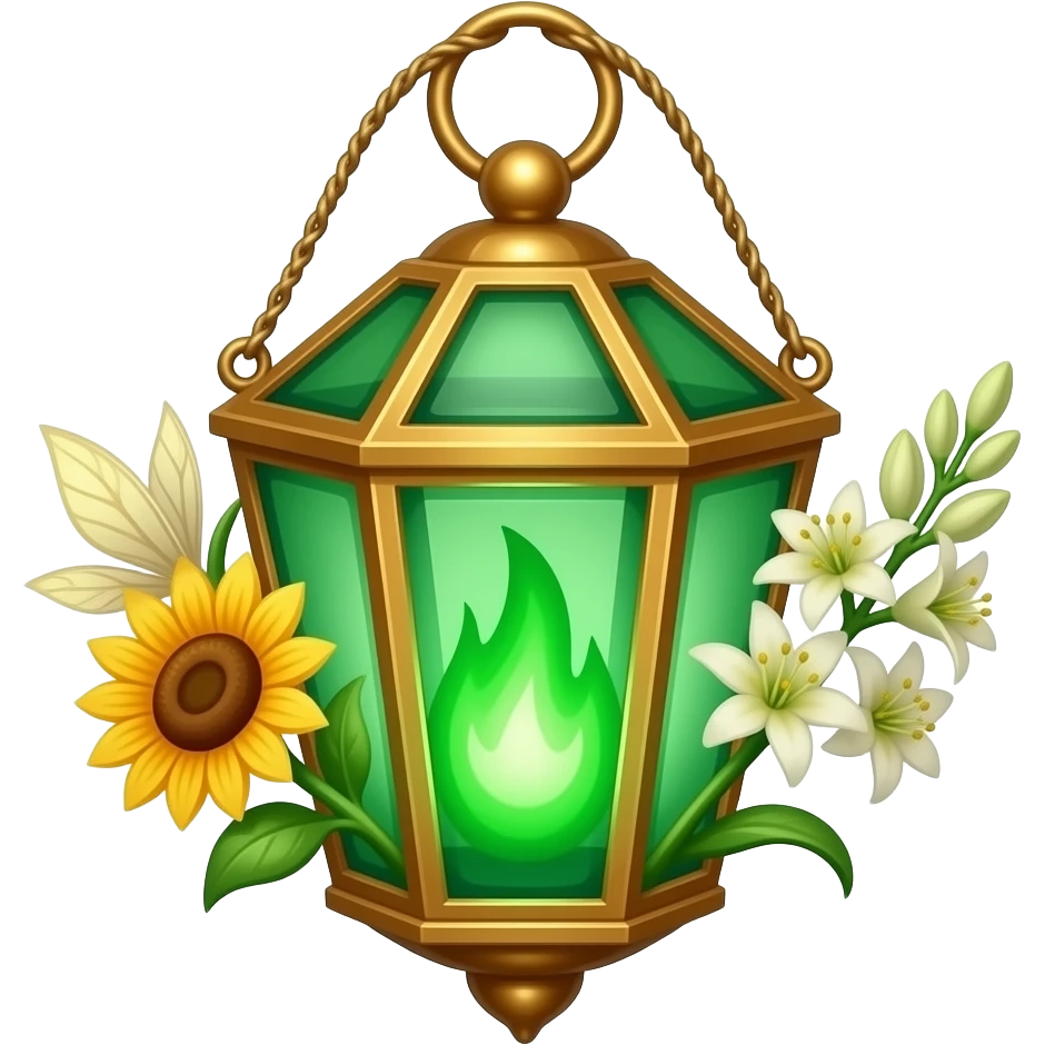 A golden hanging lantern with a bright emerald flames, an empty loop on top, fae themed sunflowers on the left and fully bloomed asphodels on the right as part of the design, but simple focus more on the green flames, paint the glass more green, have its bottom point come to some sort of point emoji