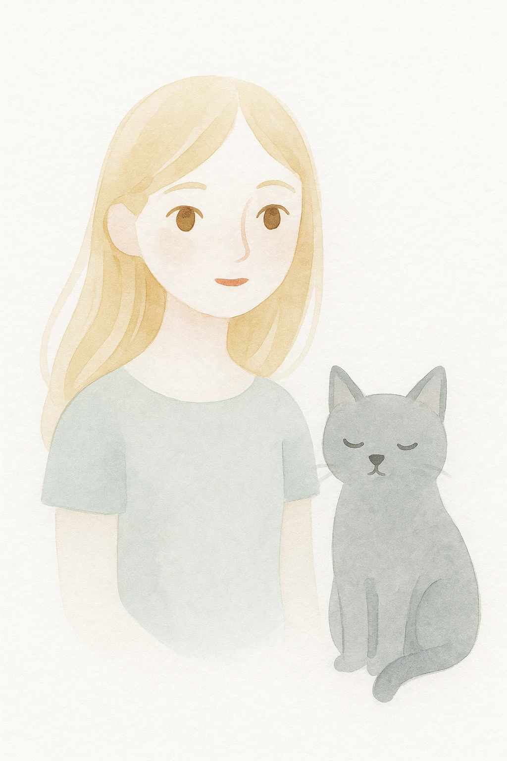girl with long blond hair, brown eyes, and a grey cat, painterly, whimsical style emoji