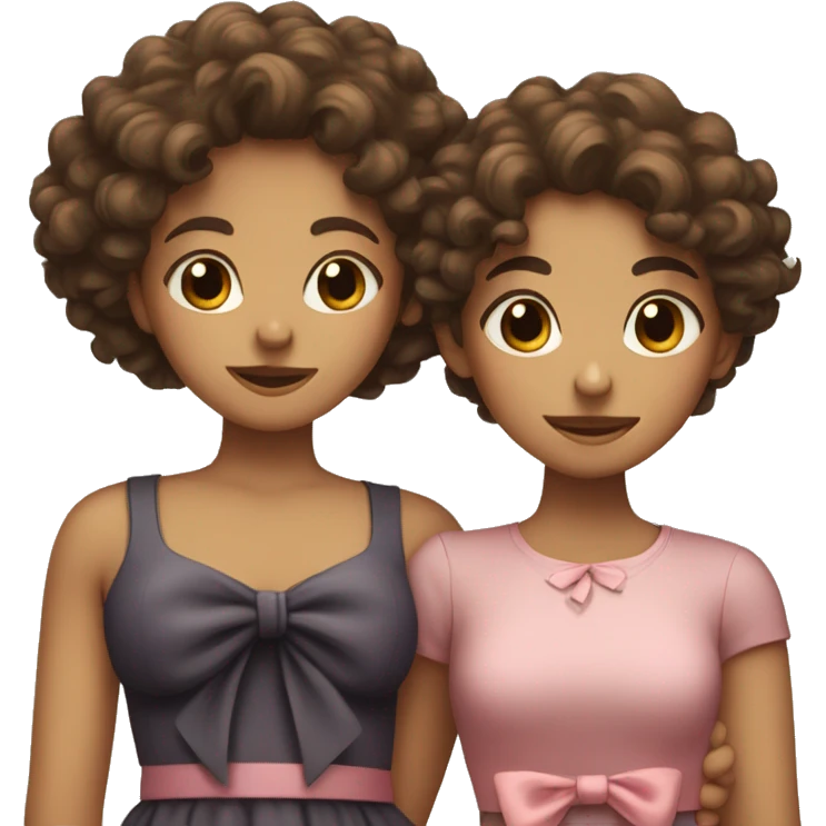 Two girls hugging one with curly hair the other strait with a bow emoji