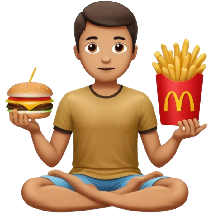 man in lotus pose eating McDonalds burger and fries emoji