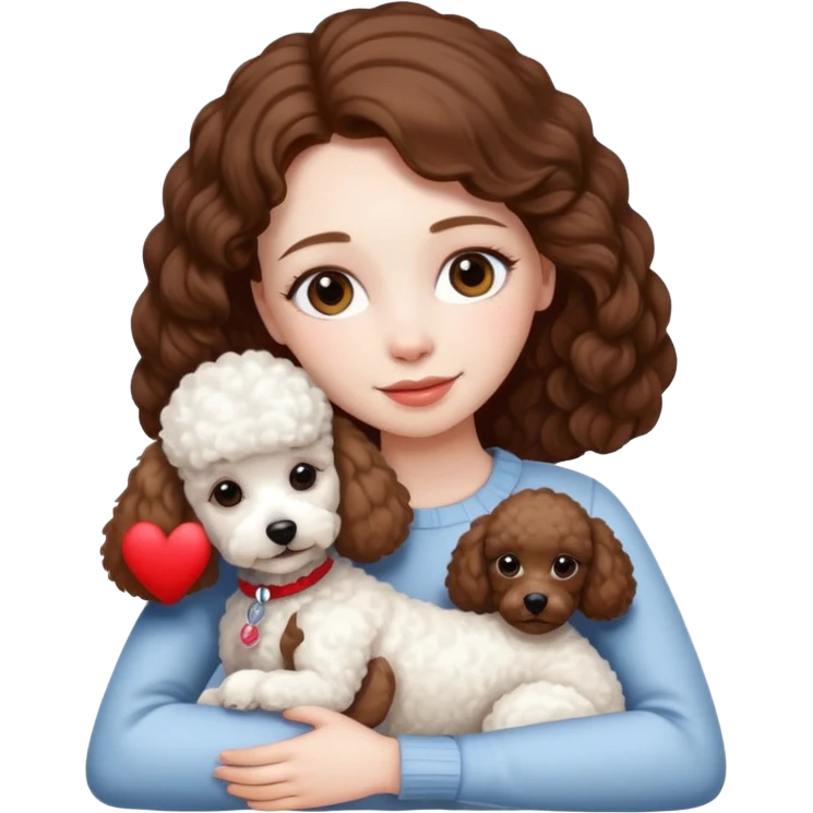 Beautiful woman with pale skin and brown hair hugging a white poodle dog emoji